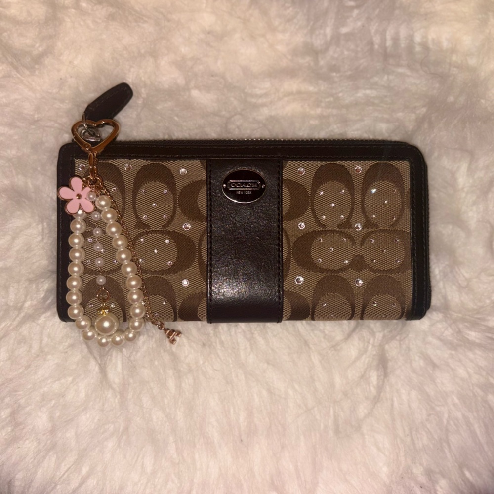 Coach Brown Signature Zip Wallet with Pearl Charm